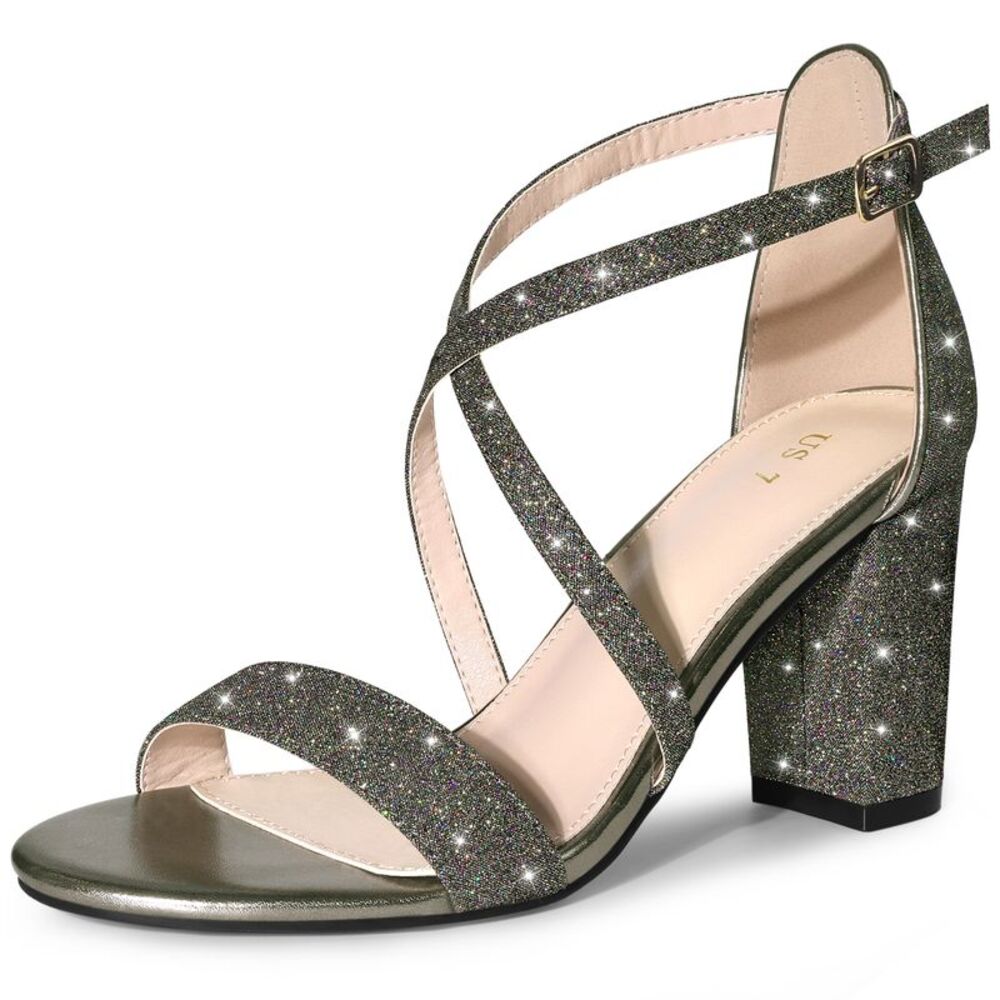 Glitter Crisscross Strap Block Heels Sandals Pewter